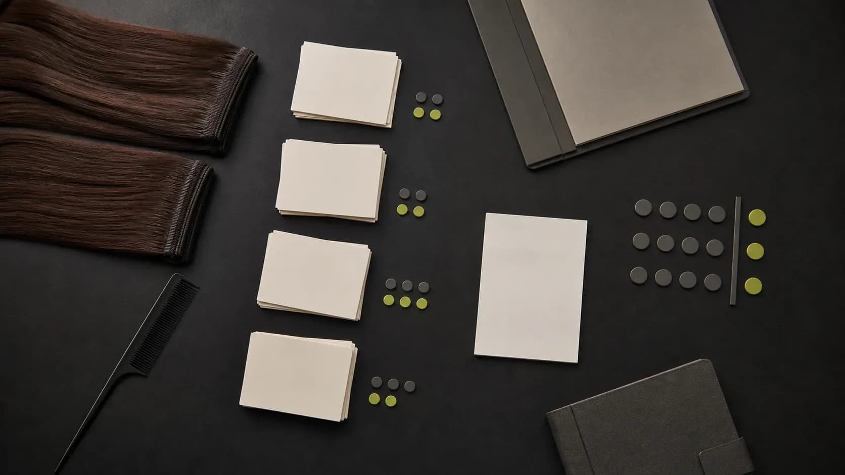 Hair extension wefts, grouped blank question cards, a professional comb, dot markers, and plain channel folders arranged for demand review.