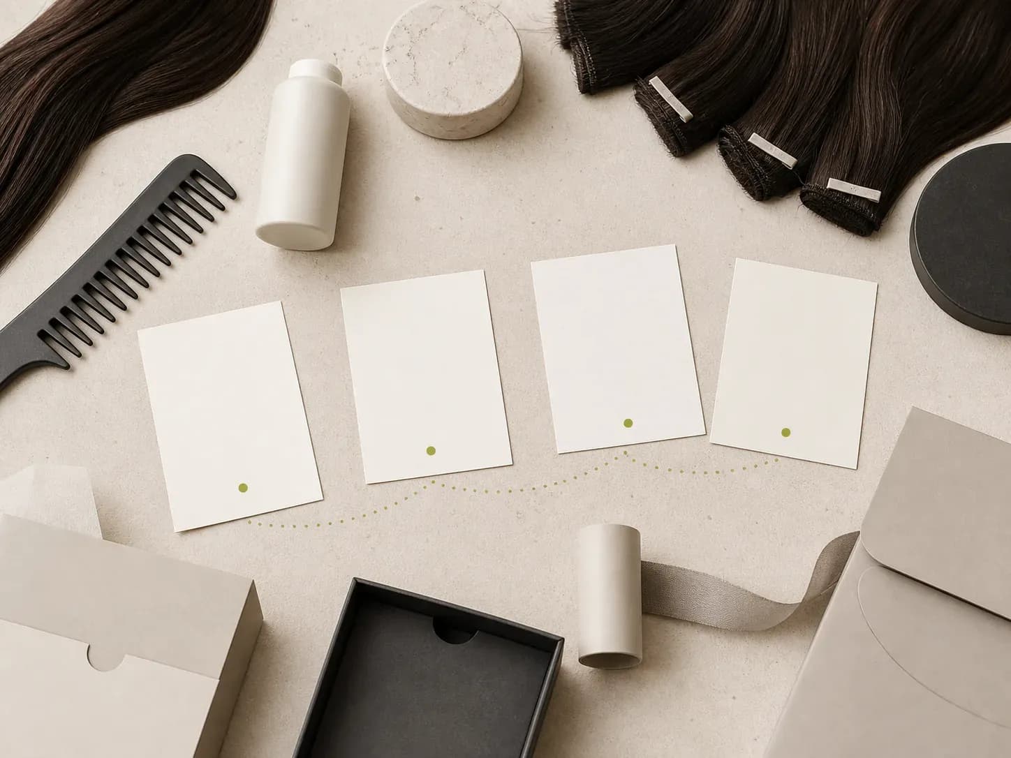Hair extension wefts, an unbranded sample container, packaging components, and four blank education cards connected along a customer path.