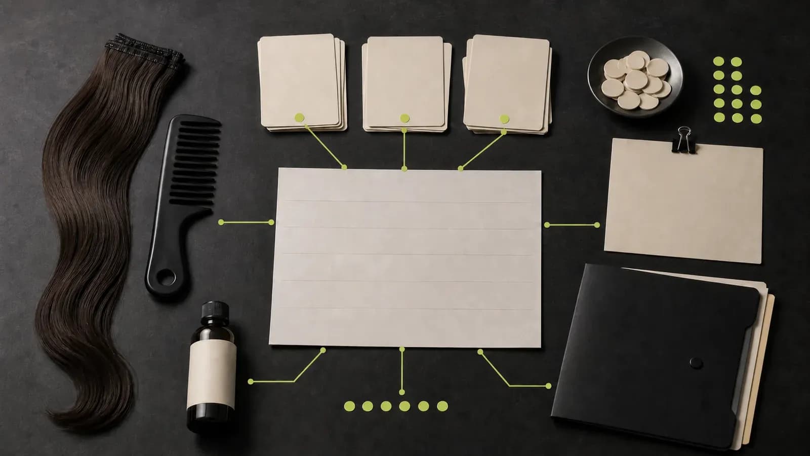 Hair Extension wefts, grouped observation cards, recommendation and purchase tokens, an aftercare sample, and channel folders connected to one demand-signal record.
