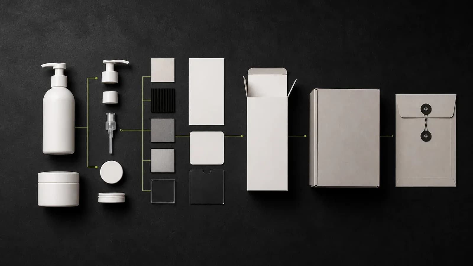 An exploded haircare packaging bill of materials with unbranded containers, closures, decoration and label cards, a carton, case pack, and specification envelope.