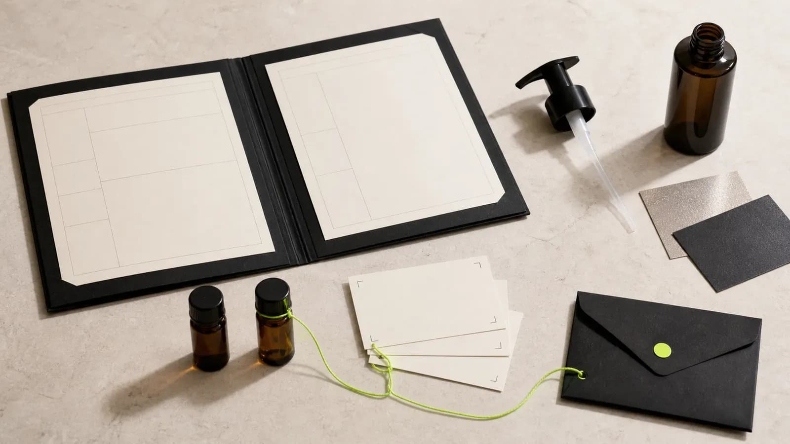Two retained formula samples connected to blank version cards, an open project record, packaging components, and a later-run reference envelope.