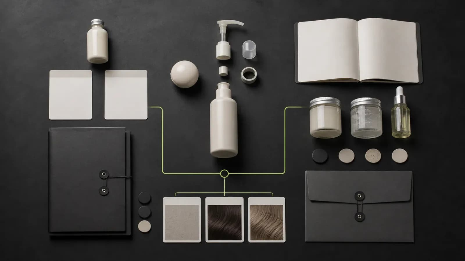 Balanced pre-developed and custom haircare formula evaluation paths connected to the same product brief, packaging components, and review inputs.