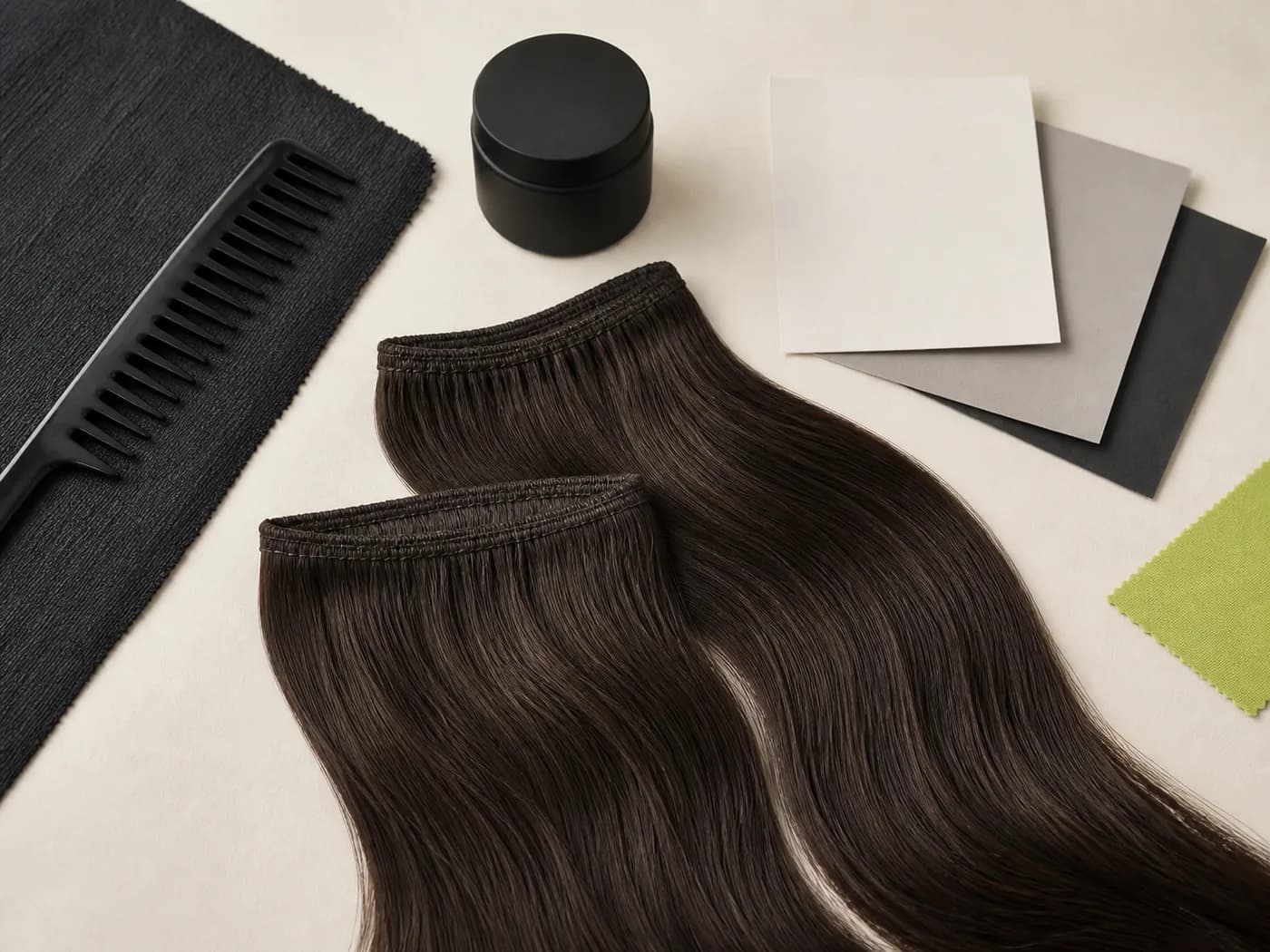Hair extension wefts, a wide-tooth comb, blank sample cards, and an unbranded care container arranged for aftercare planning.