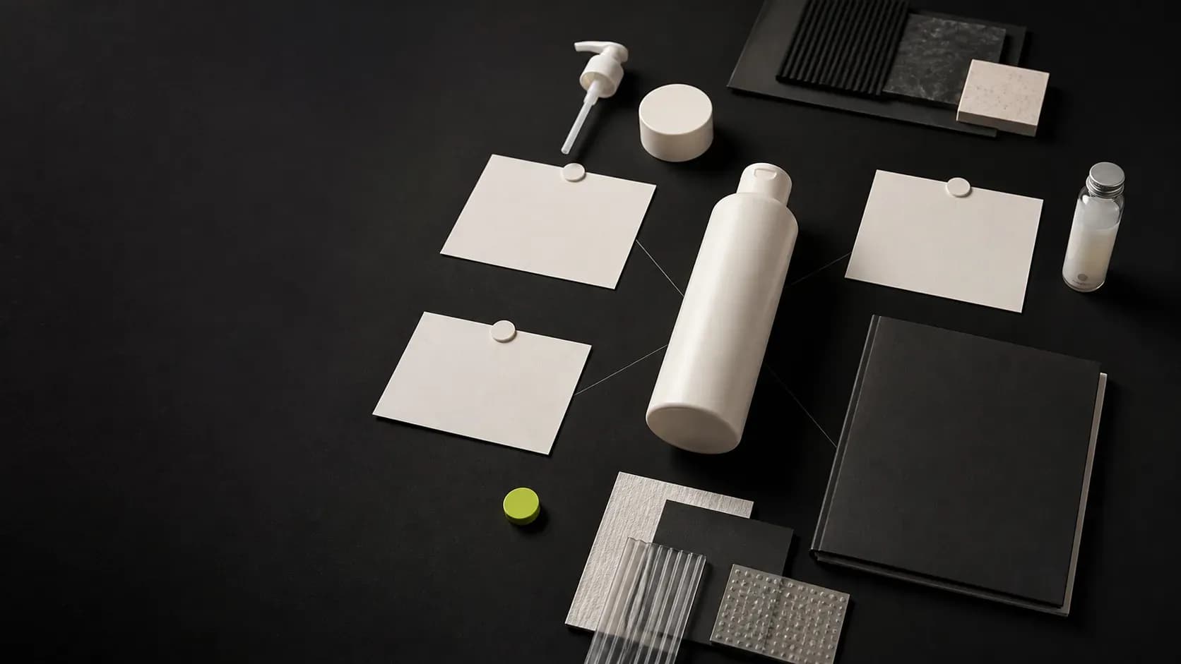 An unbranded haircare container connected to blank project cards, a sample vessel, packaging components, material swatches, and a closed specification folder.