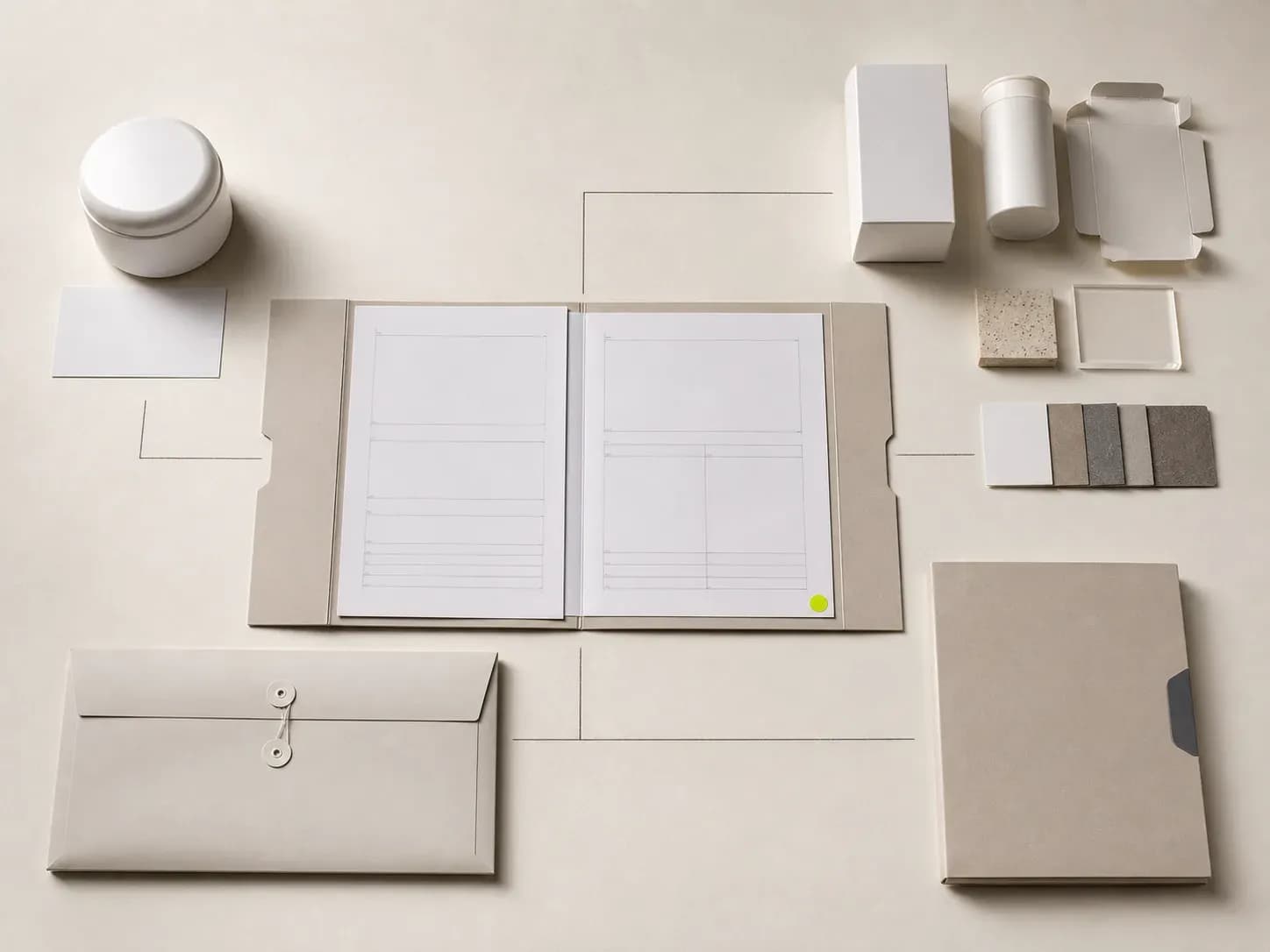 An open blank project record connected to an unbranded sample, packaging components, a production-reference envelope, and a later-run folder.