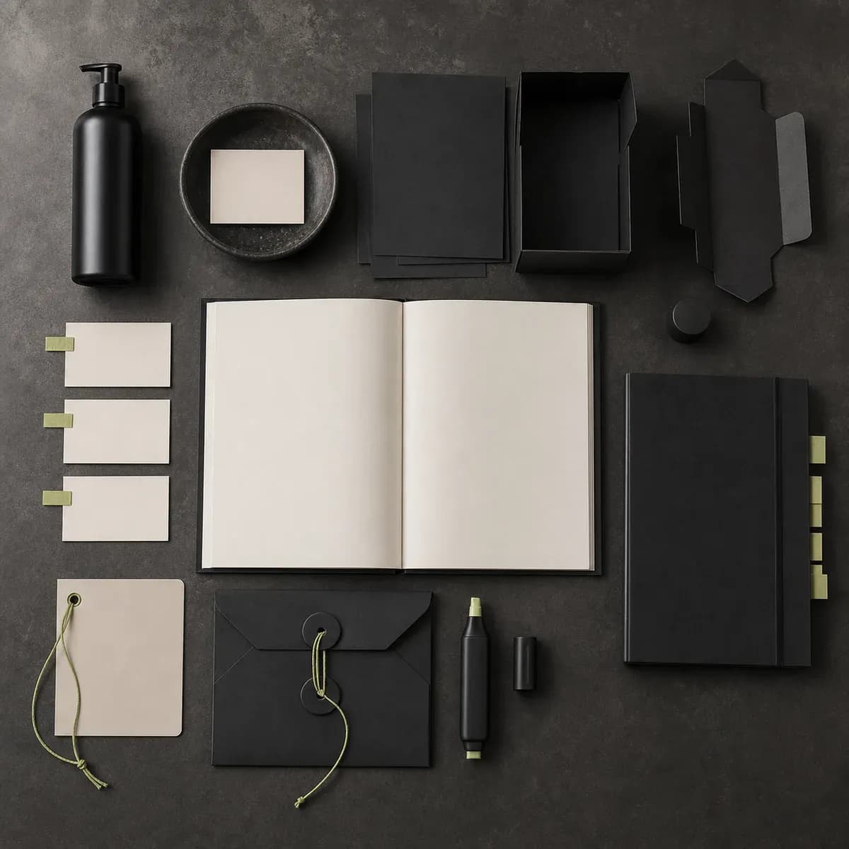 An open editorial dossier surrounded by blank source cards, a haircare sample, packaging references, a version envelope, and a project-planning folder.