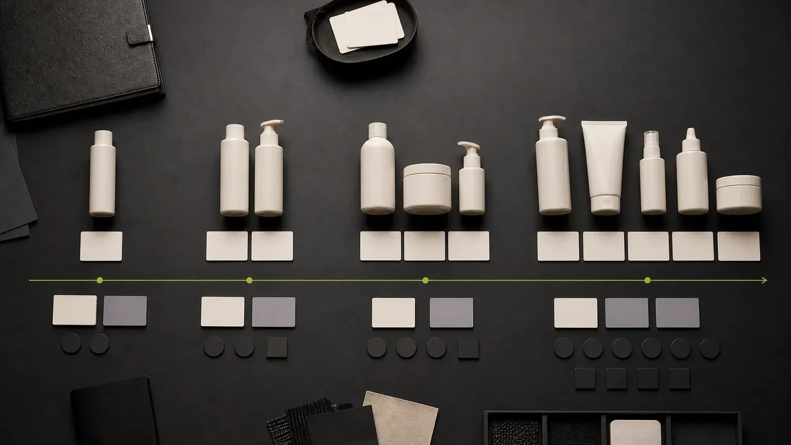 One-product, two-product, three-product, and wider unbranded haircare launch scopes arranged with increasing inventory and workflow markers.