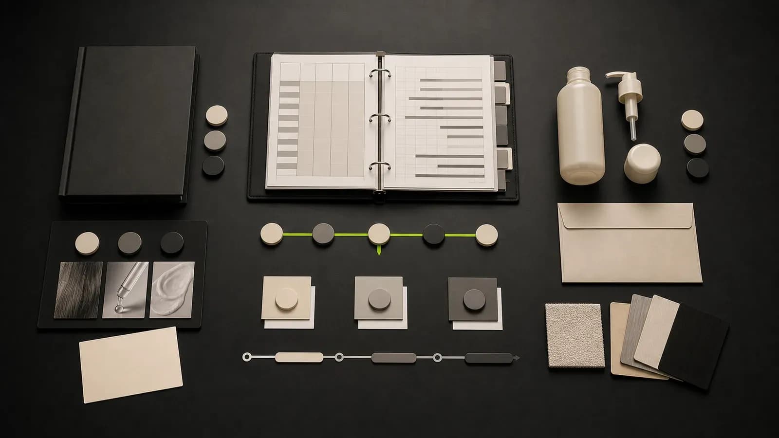 Three connected project work zones showing business inputs, FormuLaunch coordination, and qualified partner execution for a private label haircare responsibility review.
