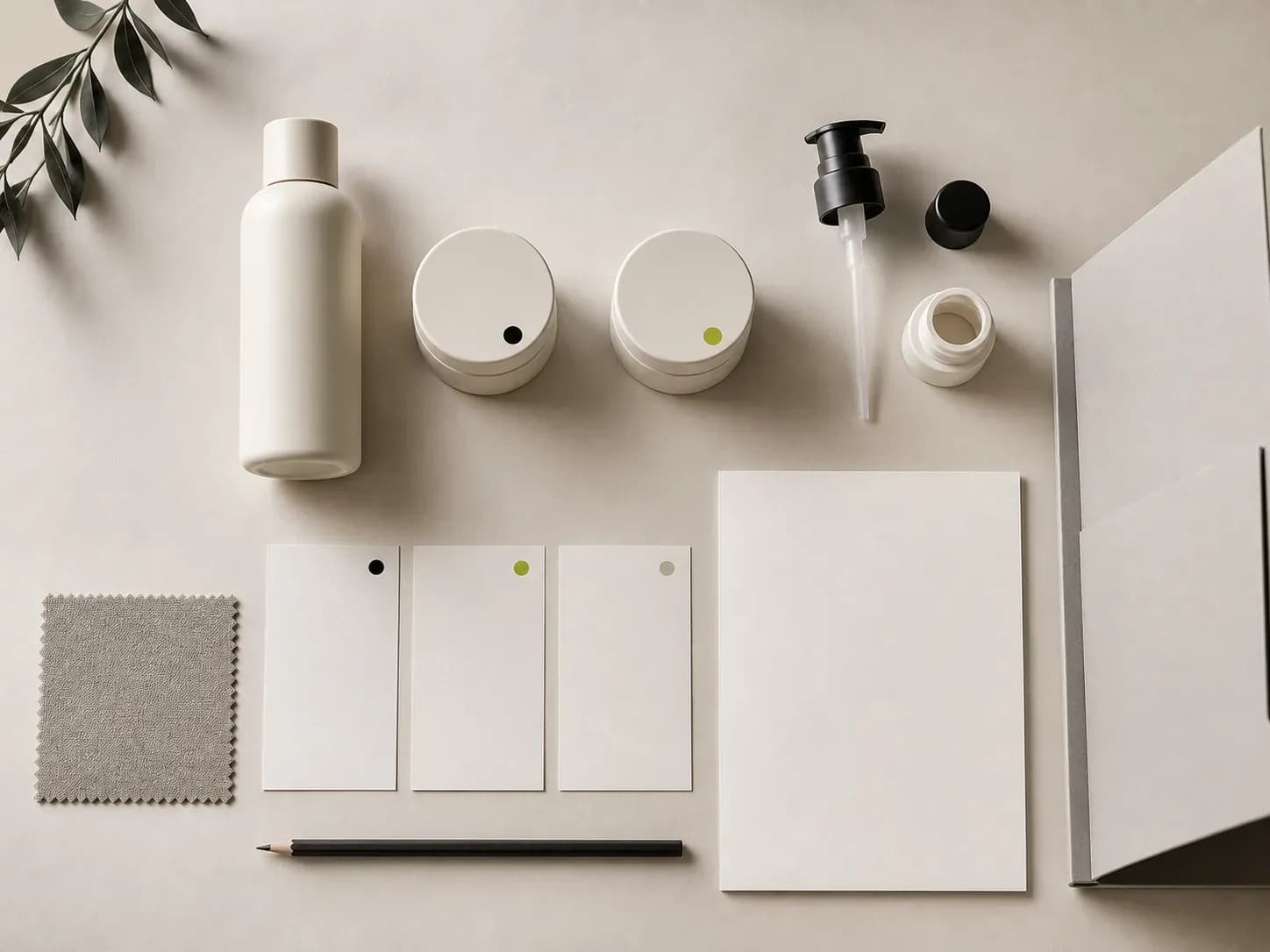 Two sample jars with distinct dots beside matching blank version cards, packaging components, a feedback sheet, and an open reference folder.
