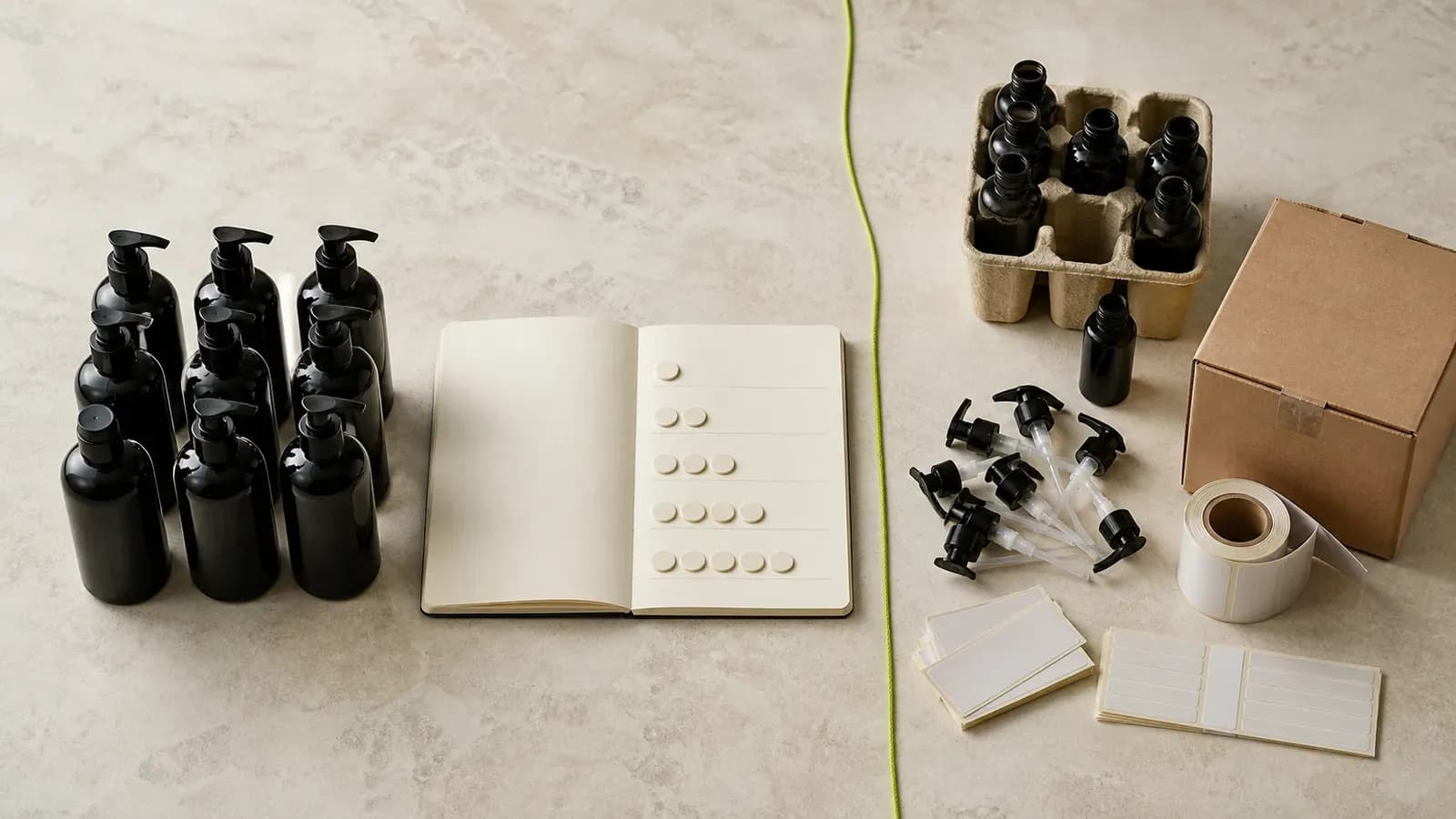 A finished group of unbranded haircare bottles separated from leftover empty bottles, pumps, labels, and cartons beside a blank quantity ledger.