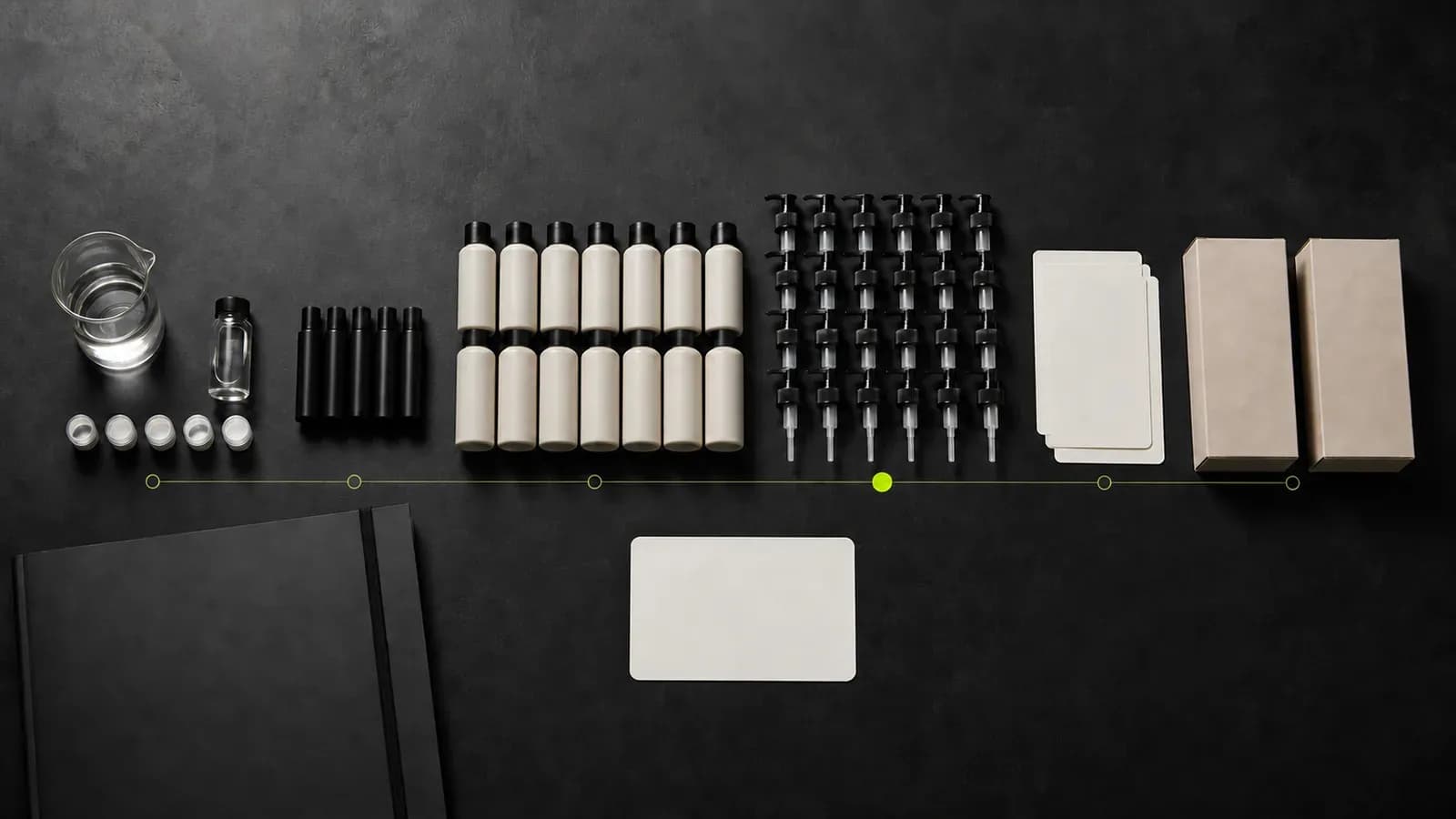 Different quantities of formula inputs, fill containers, bottles, pumps, label cards, and cartons arranged as a private label haircare MOQ waterfall.