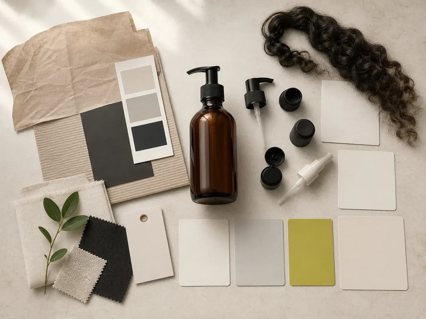 An overhead project workspace with an unbranded pump bottle, packaging components, blank version cards, material swatches, and a hair sample.