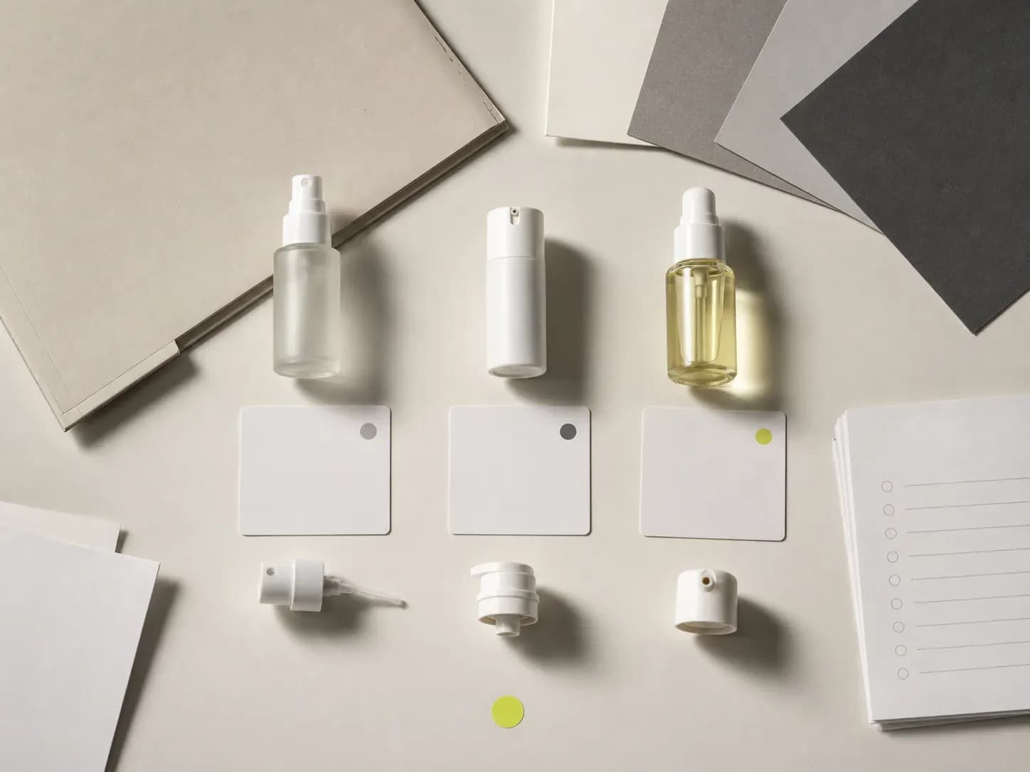 Three unbranded Finish samples beside blank version cards, separate spray, pump, and dispensing components, a specification folder, and feedback sheets.