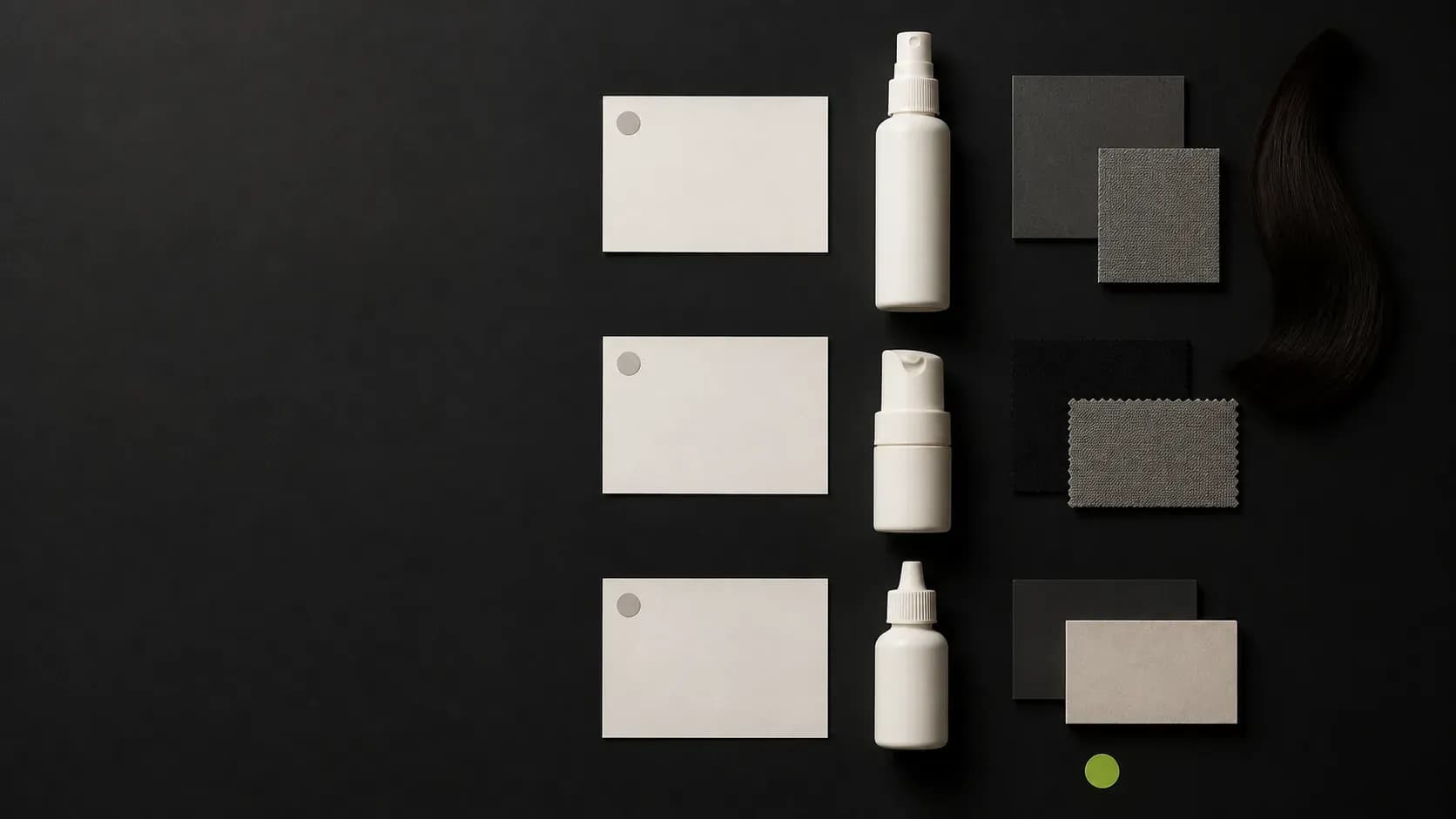 Three alternative unbranded Finish packaging directions—a leave-in spray, serum pump, and oil bottle—beside blank decision cards and material swatches.