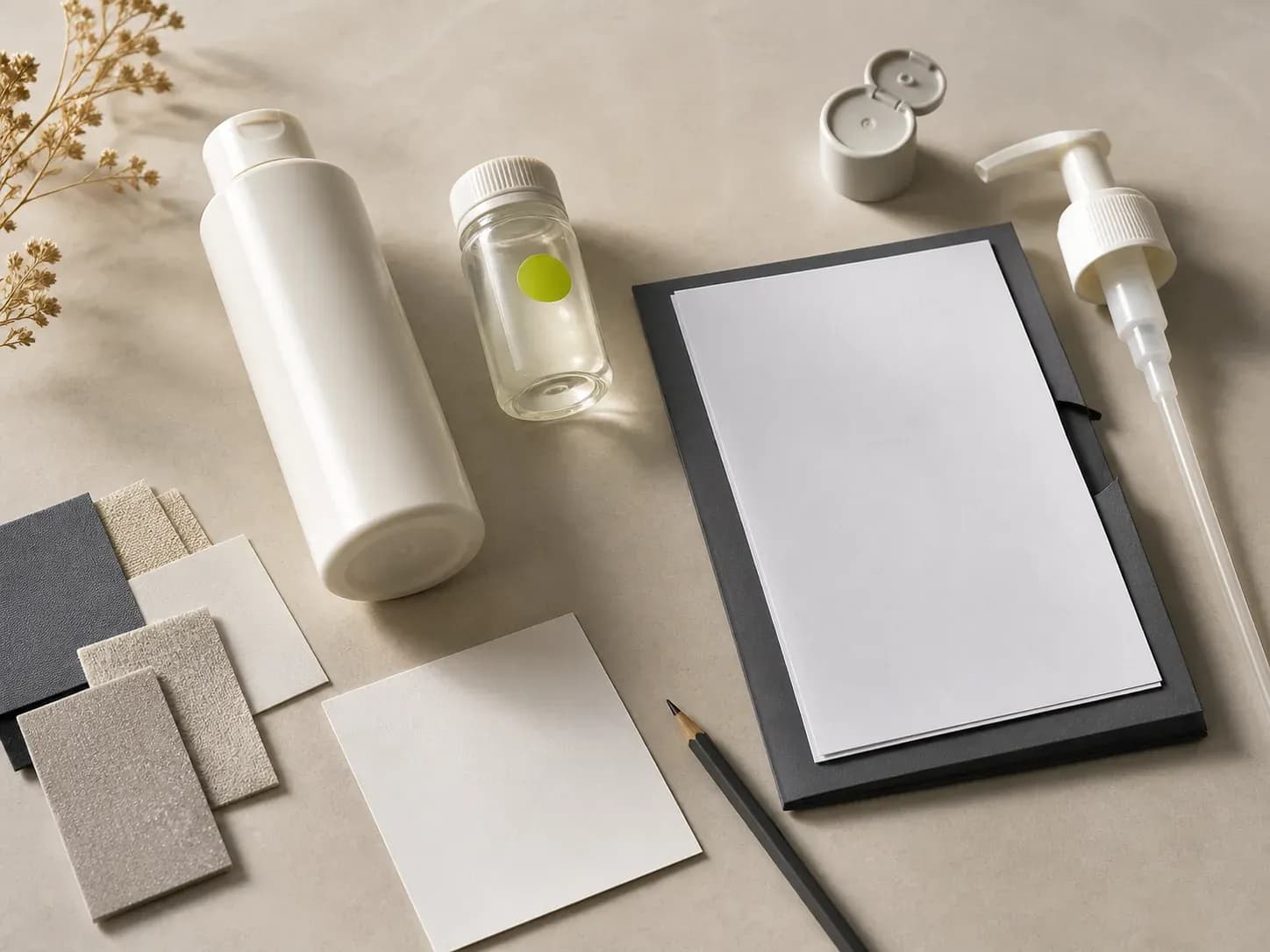 An unbranded Shampoo sample bottle, a version-marked sample vessel, packaging components, blank specification sheets, and material swatches.