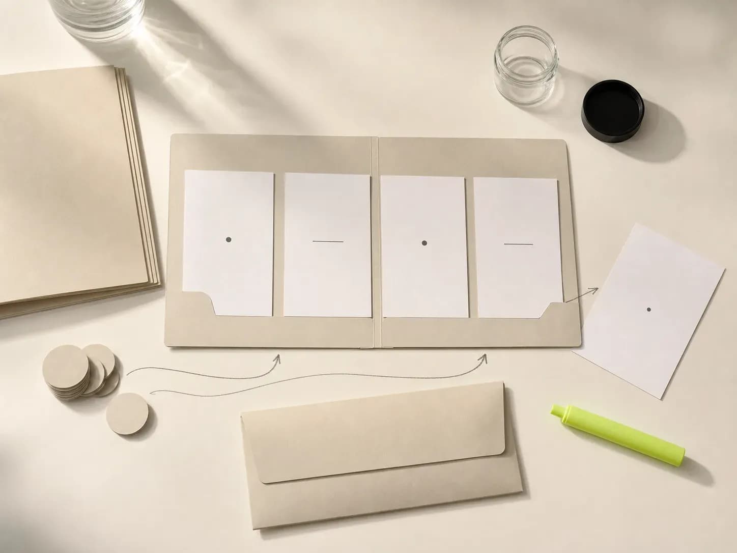 Four blank intake cards and one separate open-question card connected to a project folder, quantity counters, and a later-run envelope.