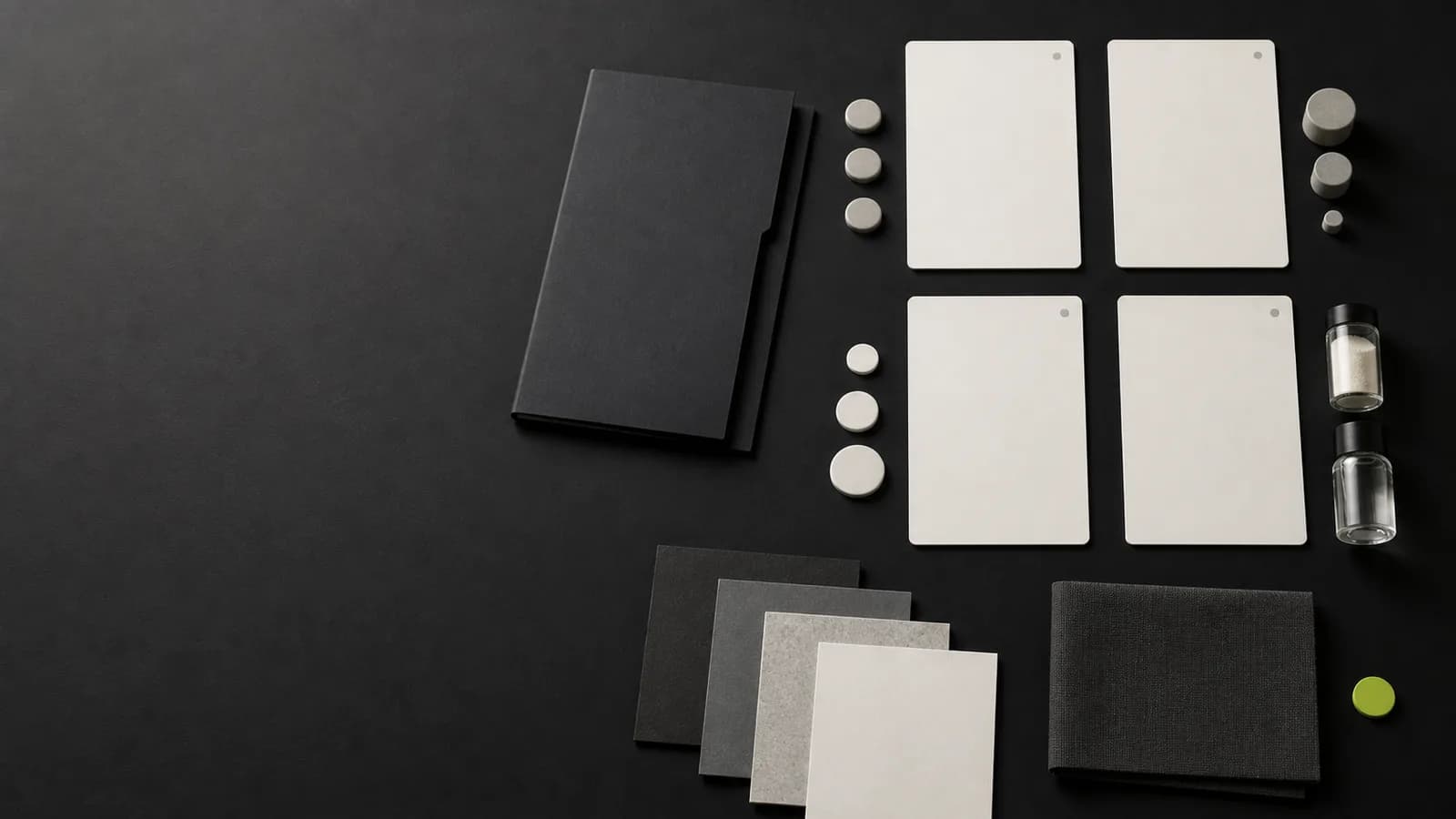 Four blank decision cards, sample vessels, and scope markers arranged for a private label haircare planning session